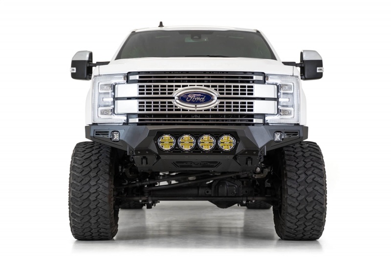 Ford F250 Super Duty Bumper - Front - Addictive Desert Designs - Bomber with Mounts for Rigid 360 6 in. Round Lights - Hammer Black with Satin Black Panels - `17-`20